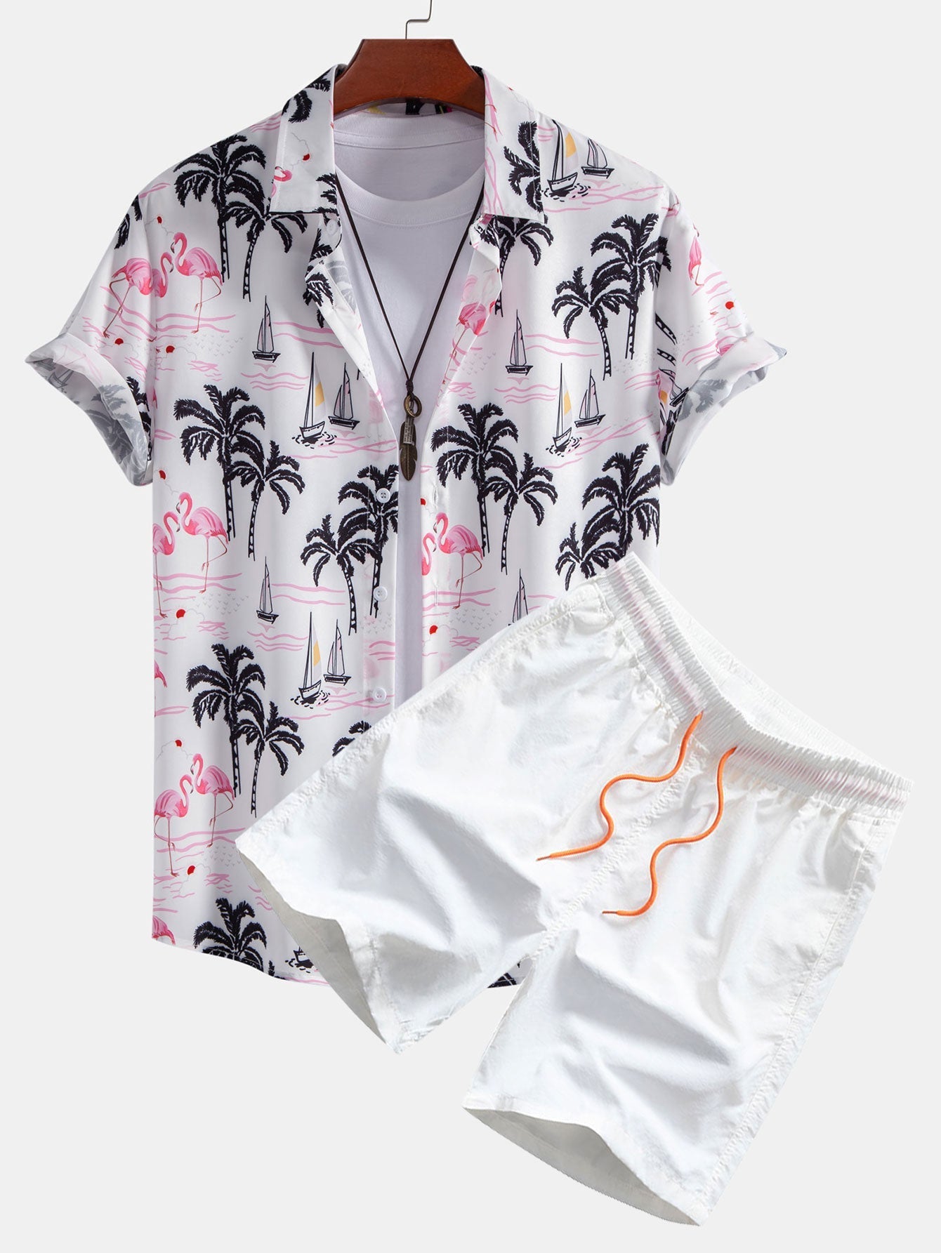Jason Palm Tree Flamingo Print Button Up Shirt & Swim Shorts