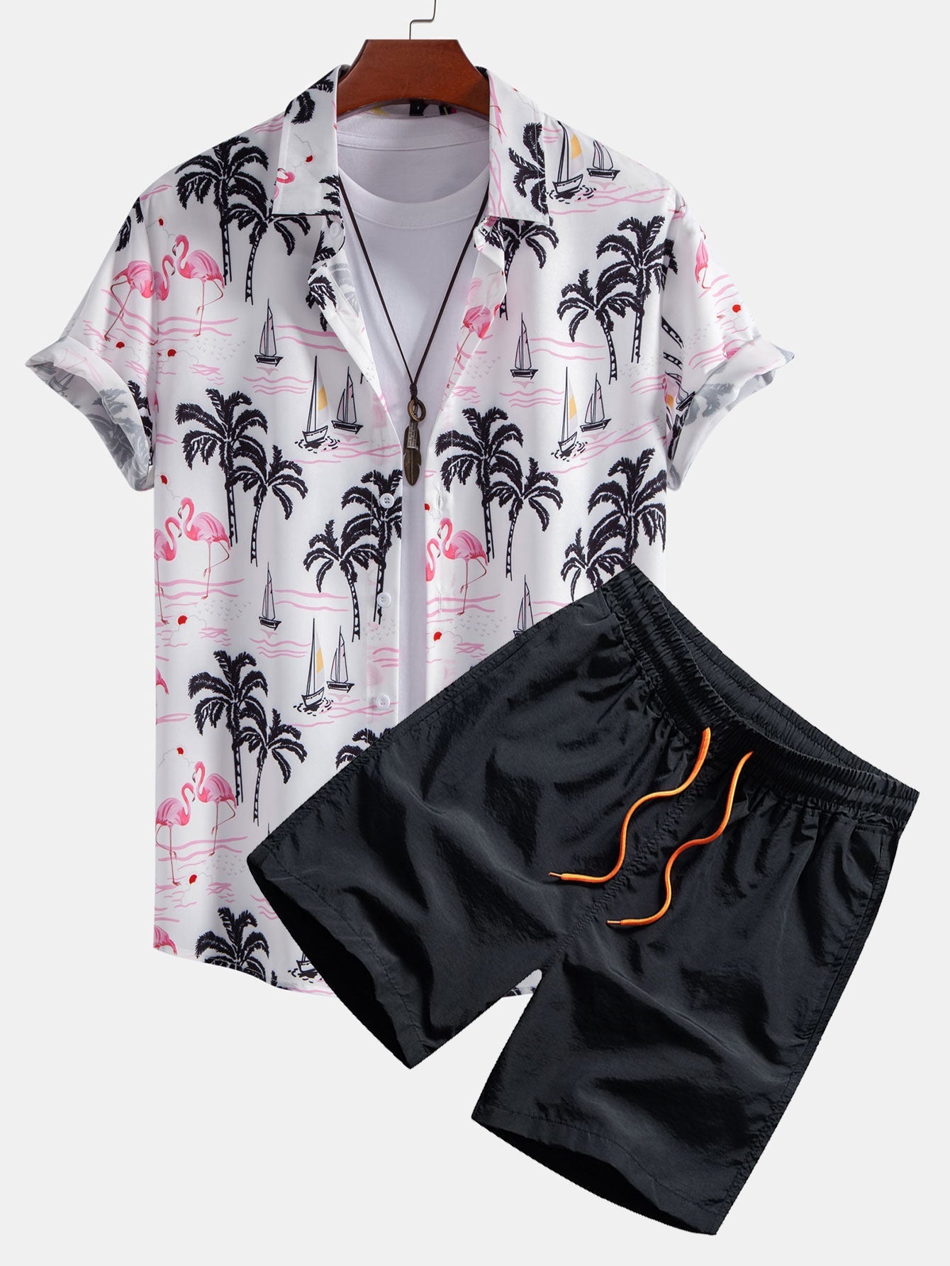Jason Palm Tree Flamingo Print Button Up Shirt & Swim Shorts