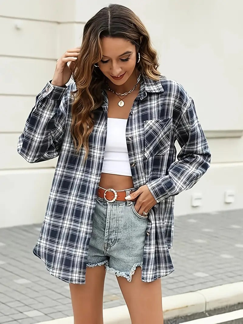 Ashley Plaid Flannel Shacket – Cozy Button-Up with Pockets