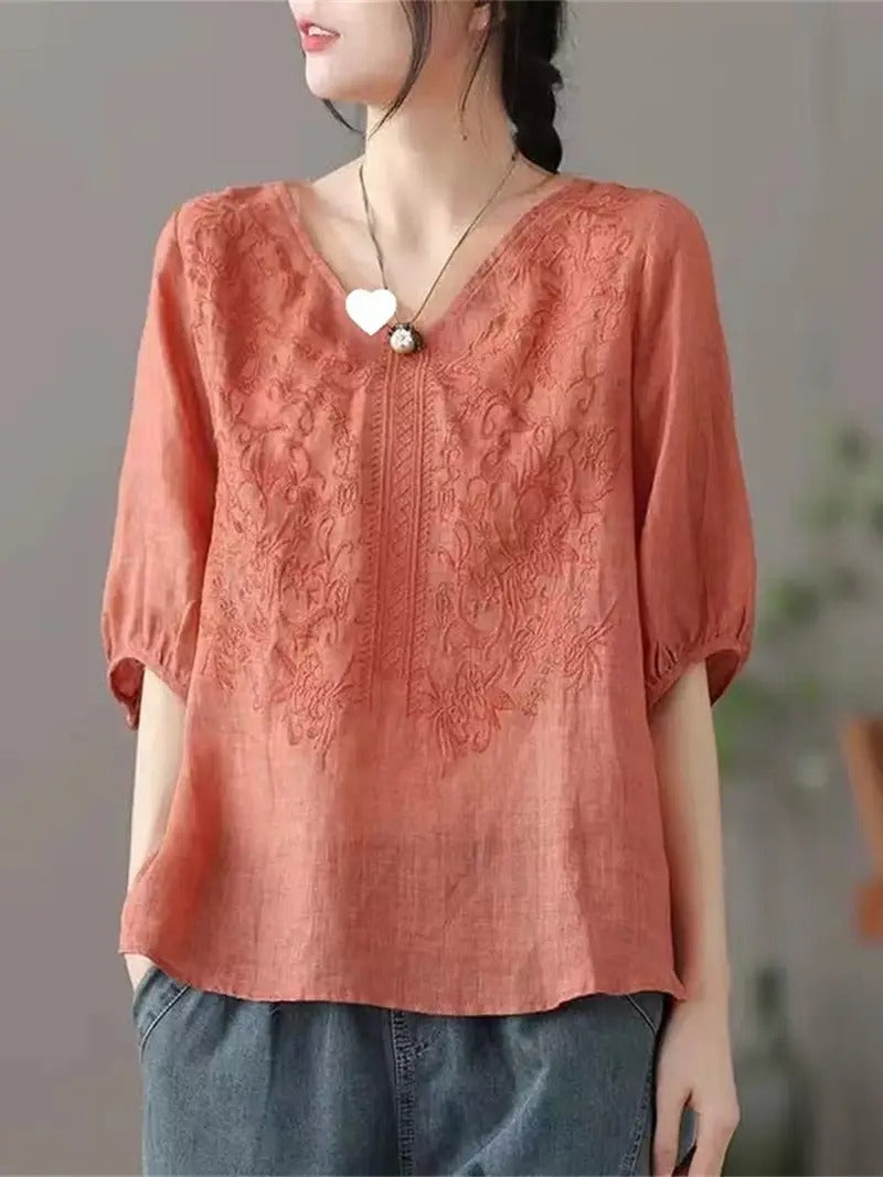 Heather Floral V-Neck Blouse – Retro-Inspired Summer Comfort
