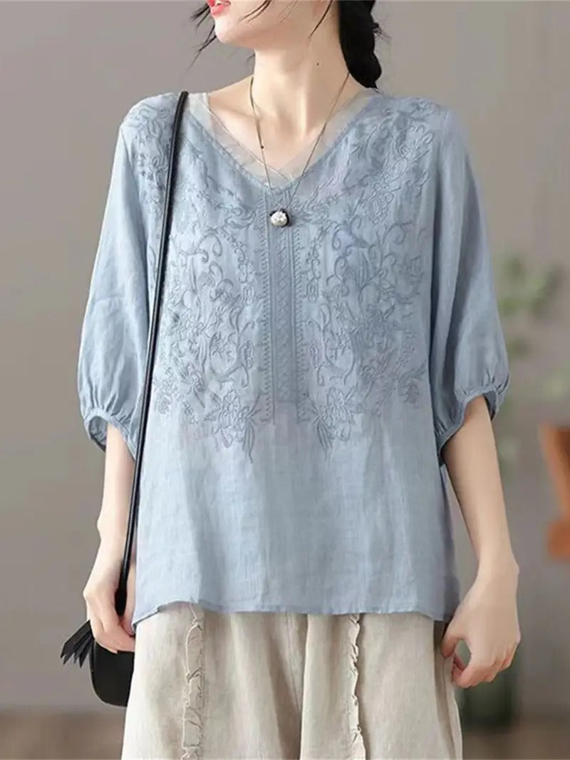 Heather Floral V-Neck Blouse – Retro-Inspired Summer Comfort