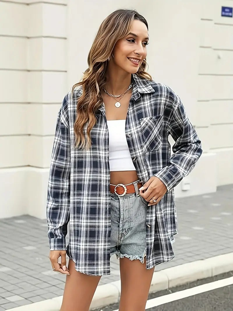 Ashley Plaid Flannel Shacket – Cozy Button-Up with Pockets