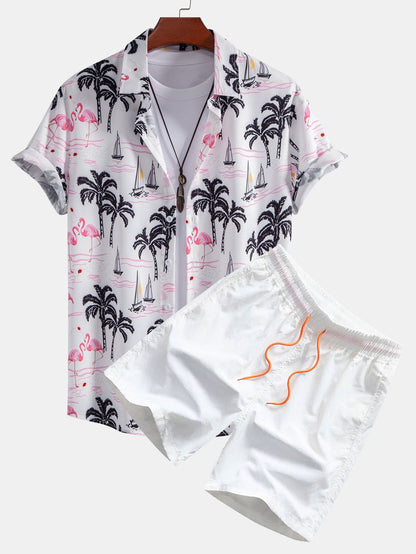 Jason Palm Tree Flamingo Print Button Up Shirt & Swim Shorts