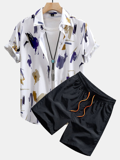 Kevin Brushstroke Print Button Up Shirt & Swim Shorts