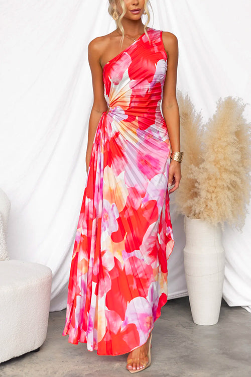 Adeline Sunset Dress – One-Shoulder Grace with Flowing Pleats