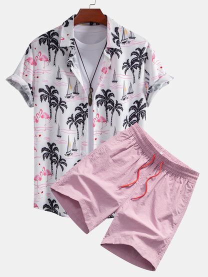 Jason Palm Tree Flamingo Print Button Up Shirt & Swim Shorts