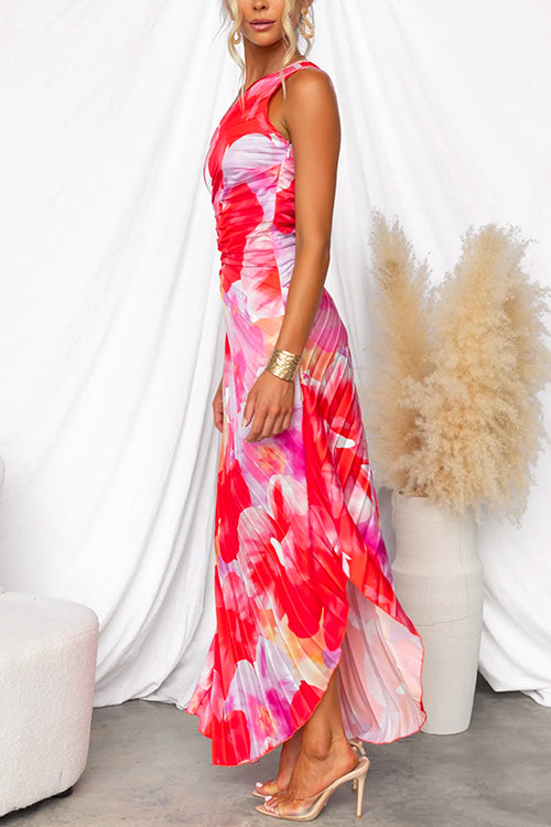 Adeline Sunset Dress – One-Shoulder Grace with Flowing Pleats