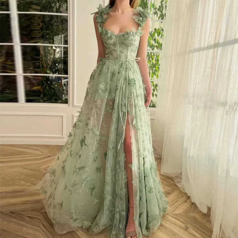Elowen Dream Dress – Flowing Prom Gown with Soft Sage Elegance