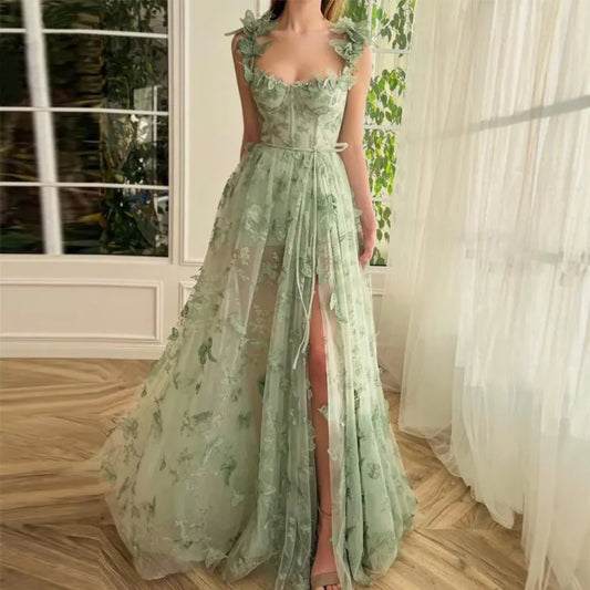 Elowen Dream Dress – Flowing Prom Gown with Soft Sage Elegance