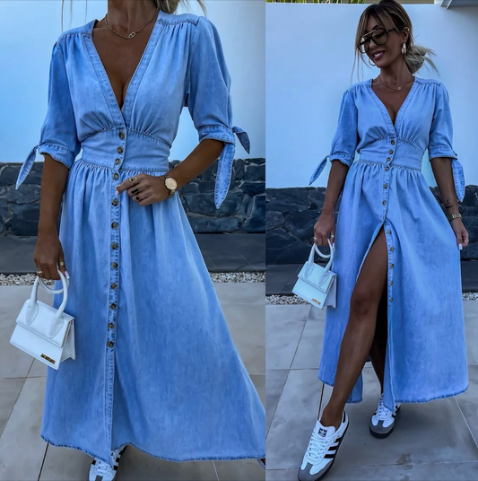 Avery Lightwash Dress – Casual Denim with Vibrant Style