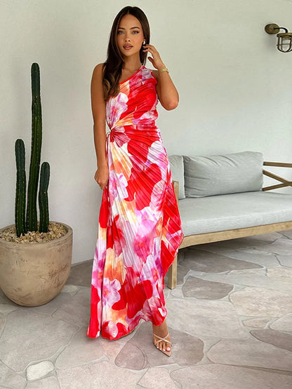 Adeline Sunset Dress – One-Shoulder Grace with Flowing Pleats