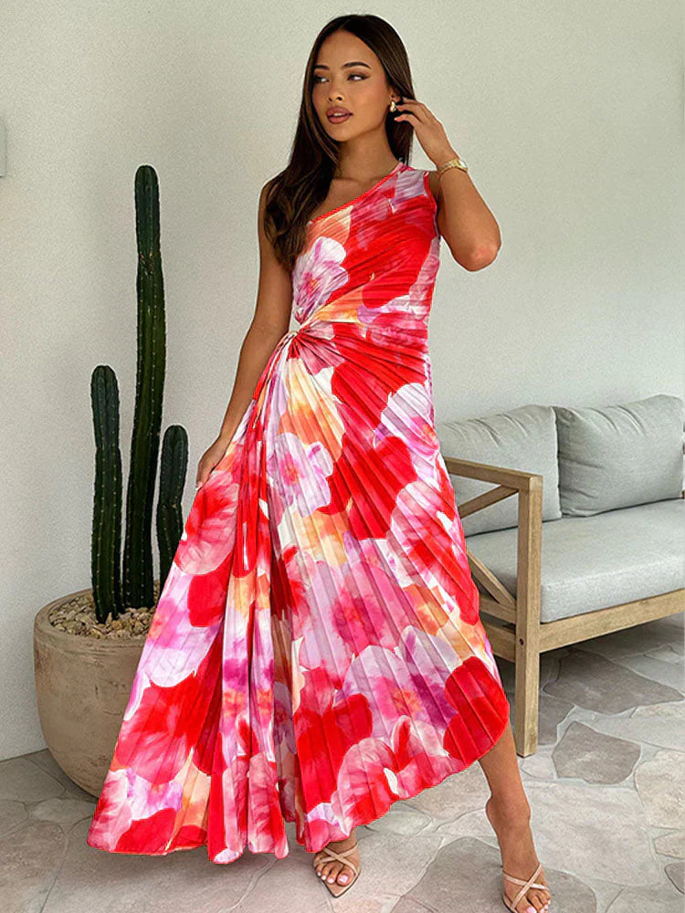 Adeline Sunset Dress – One-Shoulder Grace with Flowing Pleats