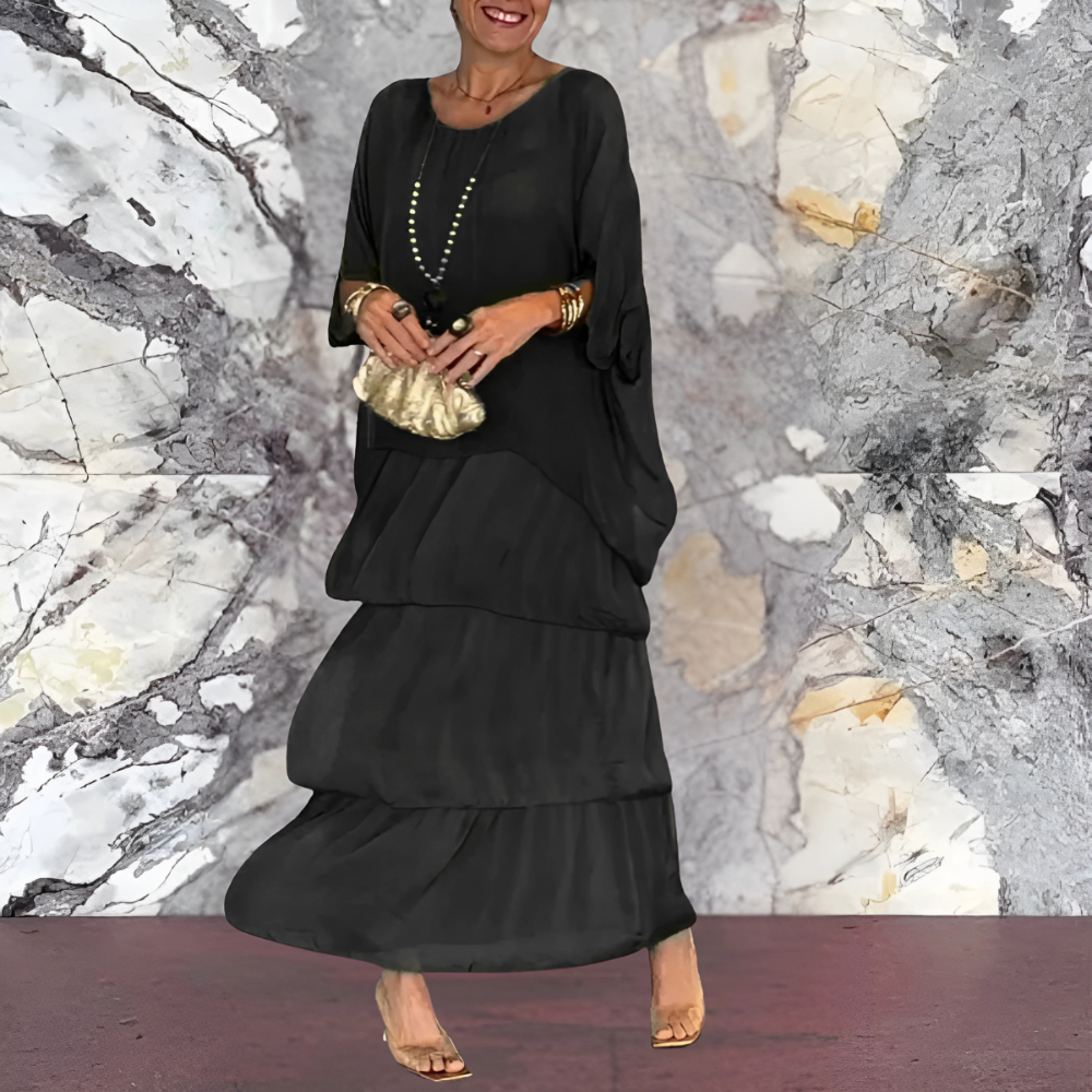 Elara Draped Dress – Sophisticated Long Dress with Bold Flair