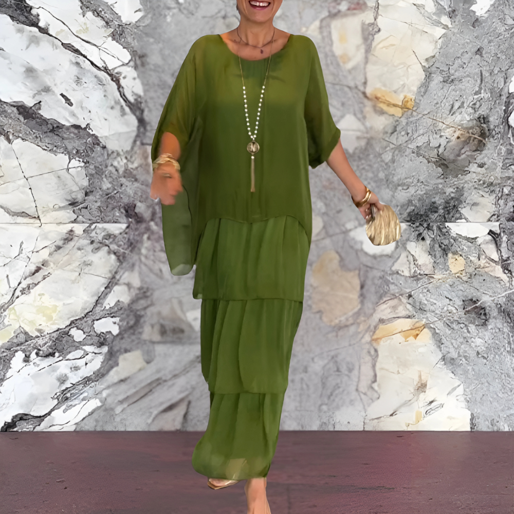 Elara Draped Dress – Sophisticated Long Dress with Bold Flair