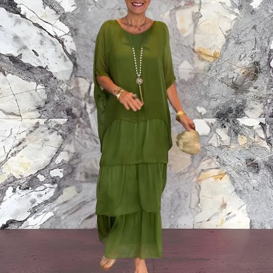 Elara Draped Dress – Sophisticated Long Dress with Bold Flair
