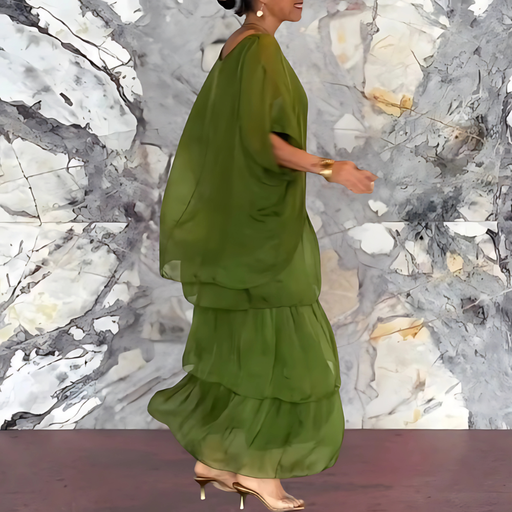 Elara Draped Dress – Sophisticated Long Dress with Bold Flair