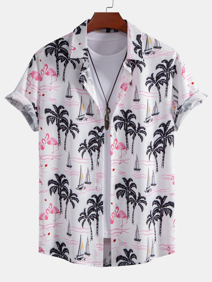 Jason Palm Tree Flamingo Print Button Up Shirt & Swim Shorts